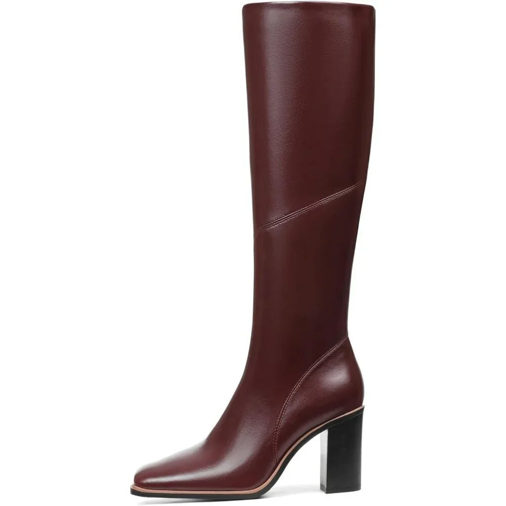 Women’s Polyurethane Burgundy Square Toe Chunky Block Heel Leather Zip Up Boot
